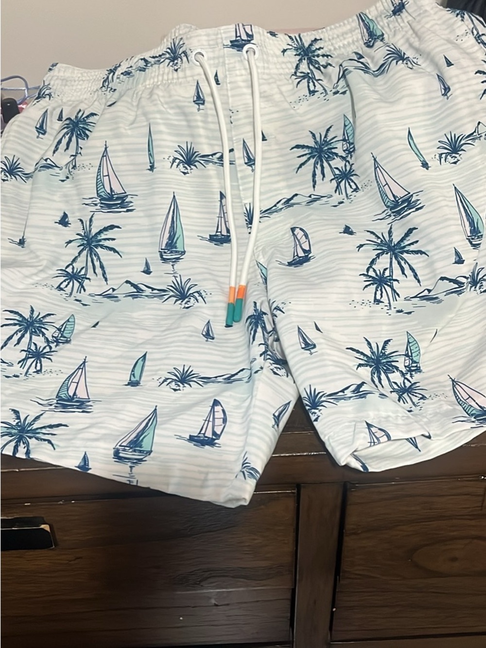 T.J.Maxx White Swim Shorts with Blue & Teal Sailboat Print